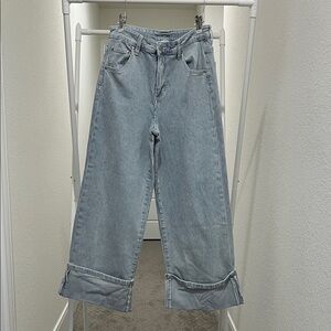 High-Rise Light Blue Pinstripe Straight-Leg Jeans